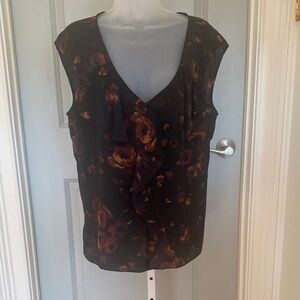 Talbots Dark Brown and Black Floral Ruffle V-Neck Blouse